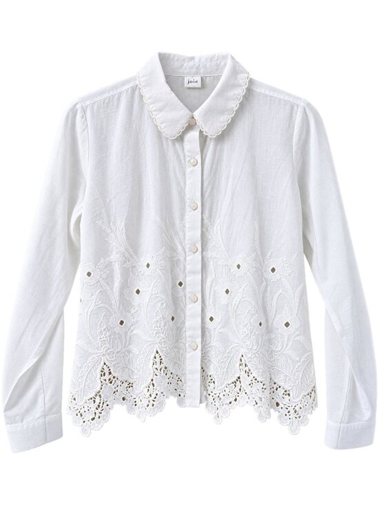 Joie Tops - Joie Women's Embroidered Lace Bottom Button Long Sleeve White Blouse Top, Lg